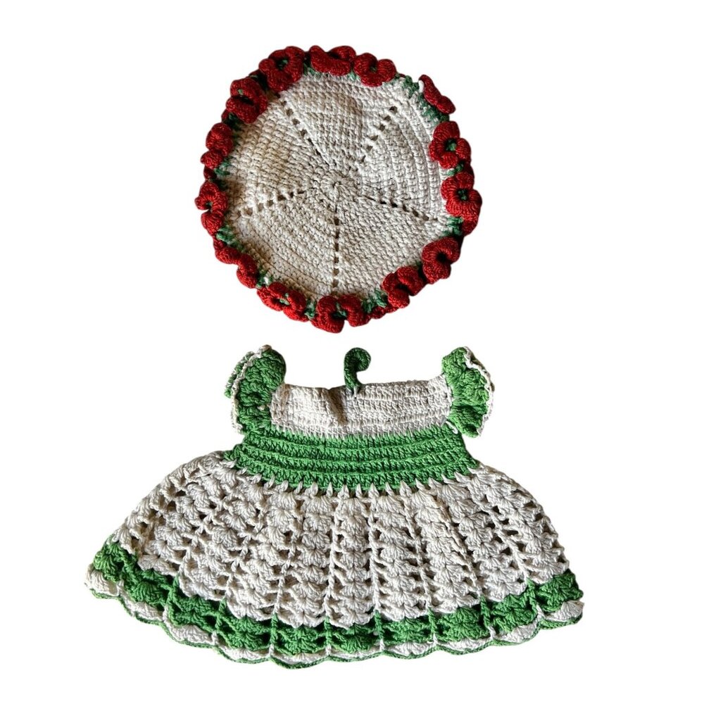 Hand-Crocheted Potholder Red White Hot Pad & Green White Dress with Loop